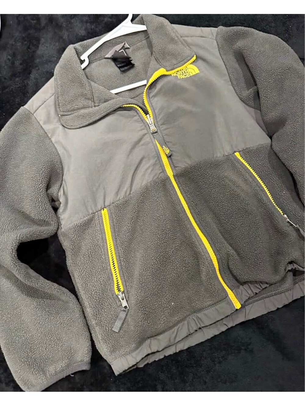 The North Face Unisex Kids Fleece Jacket Gray Yellow Full Zip Solid Youth MD